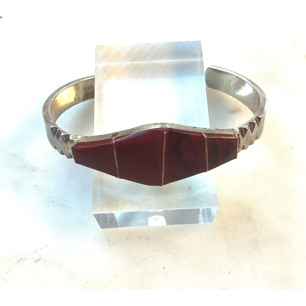 Vintage Sterling Bangle Taxco Mexico Red Jasper Silver 925 Bracelet